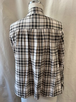 SANCTUARY, Black, White, Rayon, Plaid, V-neck, Neck Tie Attached, Button Front, Fabric Covered Buttons, Long Sleeves