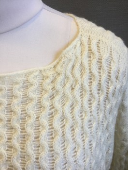 Womens, Pullover, VINCE, Cream, Wool, Acrylic, Solid, Cable Knit, M, Long Sleeves, Bateau/Boat Neck, Oversized Fit