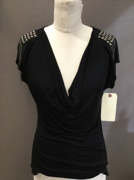 MATTY M, Black, Rayon, Metallic/Metal, Solid, Pull Over, Cap Sleeve, Cowl,  Metal Studs & Chain Detail  on Shoulders,