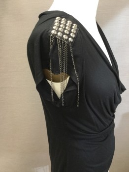 MATTY M, Black, Rayon, Metallic/Metal, Solid, Pull Over, Cap Sleeve, Cowl,  Metal Studs & Chain Detail  on Shoulders,