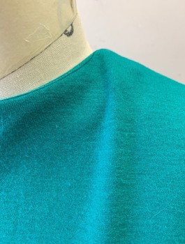N/L, Teal Green, Wool, Solid, Knit, Short Dolman Sleeves, Round Neck,  Pleated Waist, Knee Length. Center Back Zipper, **With Self Belt: 1" Wide with 3D Rosette at Front,
