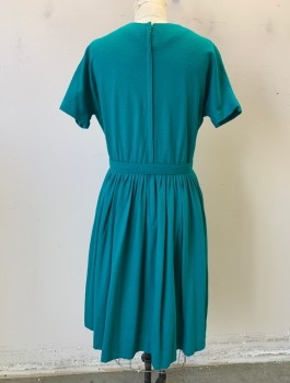 N/L, Teal Green, Wool, Solid, Knit, Short Dolman Sleeves, Round Neck,  Pleated Waist, Knee Length. Center Back Zipper, **With Self Belt: 1" Wide with 3D Rosette at Front,