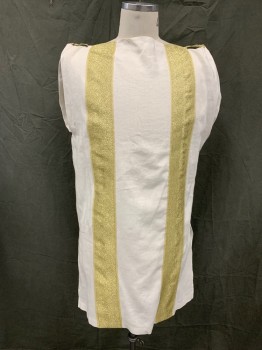 Mens, Historical Fiction Tunic, MTO, White, Gold, Linen, Solid, 42, Bateau/Boat Neck, Gold Braided Shoulder Loops Gathering the Shoulders, 3" Gold Brocade Ribbon Stripes Down Front and Back