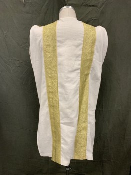 Mens, Historical Fiction Tunic, MTO, White, Gold, Linen, Solid, 42, Bateau/Boat Neck, Gold Braided Shoulder Loops Gathering the Shoulders, 3" Gold Brocade Ribbon Stripes Down Front and Back