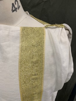 MTO, White, Gold, Linen, Solid, Bateau/Boat Neck, Gold Braided Shoulder Loops Gathering the Shoulders, 3" Gold Brocade Ribbon Stripes Down Front and Back