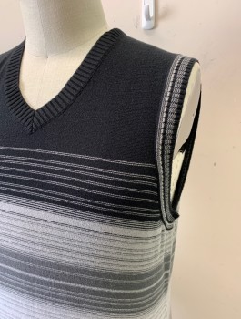 PERRY ELLIS, Black, Lt Gray, Cotton, Acrylic, Stripes - Horizontal , Gradiated Stripes of Varying Widths, Knit, Pullover, V-neck