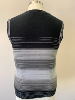 Mens, Sweater Vest, PERRY ELLIS, Black, Lt Gray, Cotton, Acrylic, Stripes - Horizontal , XL, Gradiated Stripes of Varying Widths, Knit, Pullover, V-neck