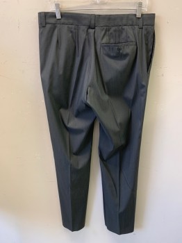 HUGO BOSS, Dk Gray, Lt Gray, Wool, Synthetic, Solid, Stripes - Pin, Suit Slacks, Zip Front, Flat Front, 3 Pockets, Crease