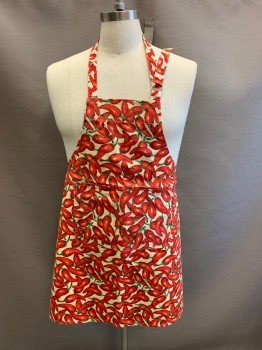Unisex, Apron, N/L, Cream, Red, Green, White, Cotton, Novelty Pattern, O/S, Red Hot Chili Pepper Pattern, 1 Pockets,