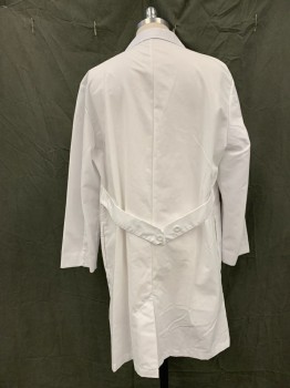 Unisex, Lab Coat Unisex, N/L, White, Poly/Cotton, Solid, 46, Button Front, Collar Attached, Notched Lapel, 3 Pockets, Long Sleeves, Side Slit Pockets, Tab Back Button Waistband, Circular Grayish Logo Above Top Pocket