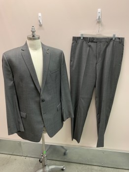 Mens, Suit, Jacket, CALVIN KLEIN, Charcoal Gray, White, Wool, Oxford Weave, 44L, Single Breasted, 2 Buttons, 3 Pockets, Notched Lapel, Double Vent, Slim Fit