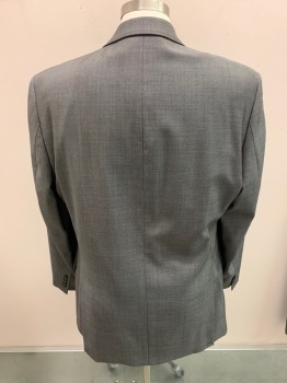 Mens, Suit, Jacket, CALVIN KLEIN, Charcoal Gray, White, Wool, Oxford Weave, 44L, Single Breasted, 2 Buttons, 3 Pockets, Notched Lapel, Double Vent, Slim Fit
