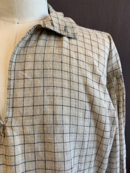 Mens, Historical Fiction Shirt, MTO, Cream, Charcoal Gray, White, Cotton, Plaid, 15.5, 1700S, V-N, C.A., 2 Buttons at Neck, L/S, MULTIPLES