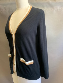 Womens, Sweater, TALBOTS, Black, Beige, Cream, Cotton, Rayon, Solid, L, Knit, Beige and Cream Trim at V-neck, Front Placket and 2 Pockets, 4 Gold Buttons at Front