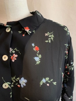 Womens, Blouse, H&M, Black, Green, Coral Orange, Baby Blue, Lt Peach, Polyester, Floral, L, Collar Attached, Button Front, Short Sleeves, Sheer