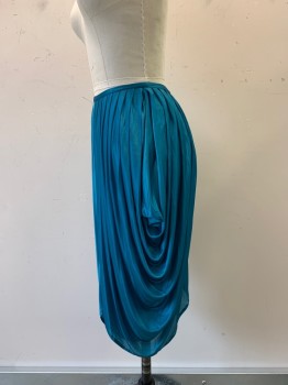 OMO NORMA KAMALI, Teal Blue, Polyester, Solid, Pleated, Side Drapes, Hook Back