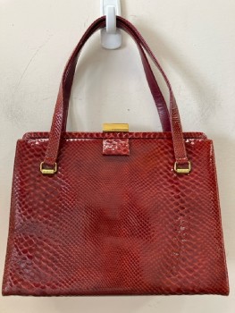 Womens, Purse, COBLENTZ, Dk Red Reptilian Embossed Leather, Gold Hardware, 2 Handle Straps, Pristine Condition