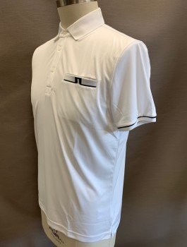 J.LINDEBERG, White, Polyester, Solid, Stretchy Material, Short Sleeves, Navy Accent at Sleeves and 1 Welt Pocket, Rib Knit Collar Attached, 3 Button Placket, for Golf, Multiples