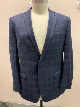 Mens, Sportcoat/Blazer, COLLECTION, Navy Blue, Midnight Blue, Wool, Plaid, 48L, Single Breasted, 2 Buttons, 3 Pockets, Notched Lapel, Double Vent