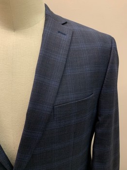 Mens, Sportcoat/Blazer, COLLECTION, Navy Blue, Midnight Blue, Wool, Plaid, 48L, Single Breasted, 2 Buttons, 3 Pockets, Notched Lapel, Double Vent