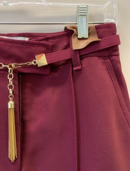Womens, Slacks, ZIMMERMANN, Red Burgundy, Wool, Viscose, Solid, 0, F.F, Zip Fly, Pleat Down Legs, 4 Pockets, Wide Leg, Matching Belt with Gold Chain And Tassel,