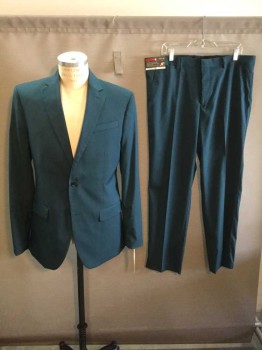 Mens, Suit, Jacket, JF, Teal Green, Polyester, Rayon, Solid, 40L, Slim, 2 Button, Single Breasted