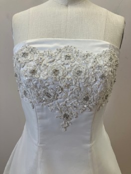 N/L, Off White, Silver, Polyester, Solid, Strapless, Floral Appliqué With Beads And Sequins On Bust And Bottom, Boning, Flared, Back Zip, With Self Buttons, Train