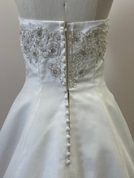 Womens, Wedding Gown, N/L, Off White, Silver, Polyester, Solid, W: 26, B: 34, Strapless, Floral Appliqué With Beads And Sequins On Bust And Bottom, Boning, Flared, Back Zip, With Self Buttons, Train