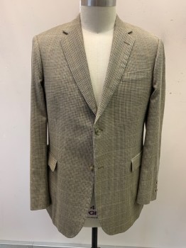 Mens, Sportcoat/Blazer, JOHN NORDSTROM, Tan Brown, Lt Blue, Dk Gray, Silk, Wool, Houndstooth, 44L, Single Breasted, 2 Buttons, 3 Pockets, Notched Lapel, Single Vent, Tortoise Shell Buttons