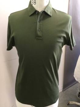 MICHAEL KORS, Olive Green, Cotton, Solid, Short Sleeves, 3 Button Neck