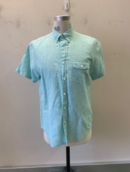 J. CREW, Turquoise Blue, Multi-color, Linen, Cotton, Stripes, Button Down Collar, Button Front, S/S, 1 Pocket, White Stripes