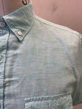 J. CREW, Turquoise Blue, Multi-color, Linen, Cotton, Stripes, Button Down Collar, Button Front, S/S, 1 Pocket, White Stripes