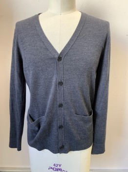 Mens, Cardigan Sweater, BANANA REPUBLIC, Charcoal Gray, Wool, Solid, L, L/S, V Neck, Button Front, Top Pockets