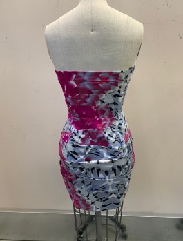 Womens, Cocktail Dress, LIPSY, Purple, Gray, Multi-color, Polyester, Elastane, Abstract , 4, Strapless, Sweetheart Neck, Side Zipper, Pleated, Hot Pink, Black, And Lavender Details