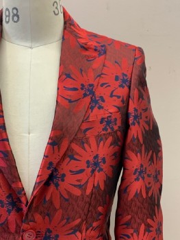 Mens, Sportcoat/Blazer, BLUE MARTINI, Red, Navy Blue, Dk Red, Polyester, Rayon, Floral, 34S, L/S, 2 Buttons, Single Breasted, Peaked Lapel, 3 Pockets