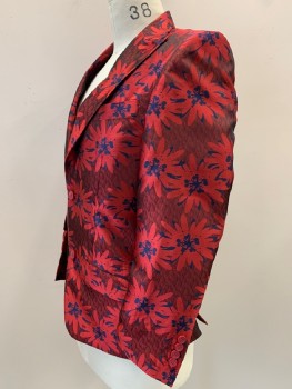Mens, Sportcoat/Blazer, BLUE MARTINI, Red, Navy Blue, Dk Red, Polyester, Rayon, Floral, 34S, L/S, 2 Buttons, Single Breasted, Peaked Lapel, 3 Pockets