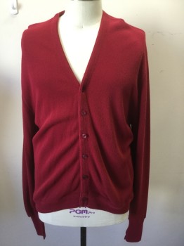 Mens, Cardigan Sweater, LONDON FOG, Dk Red, Acrylic, Solid, 3XL, 6 Bttns, L/S, Ribbed Knit Cuff/Waistband