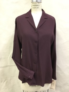 UNIQLO, Plum Purple, Rayon, Polyester, Solid, Button Front, Notch Collar, Long Sleeves with Button Cuffs