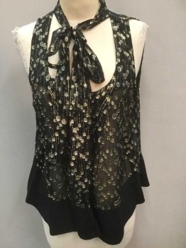 Womens, Top, ELIZABETH + JAMES, Black, Gold, Silver, Polyester, Polka Dots, M, Black with Metallic Gold/Silver Polka Dot/Lines Pattern Burnout Chiffon, Sleeveless, Self Tie "Pussy Bow" At Neck, Scoop Neck, Black Crepe Panel At Hem