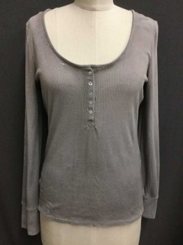 Cotton On, Lt Gray, Polyester, Viscose, Solid, Ribbed, Scoop Neck Henley, Long Sleeves, Holes Along Neck and Placket