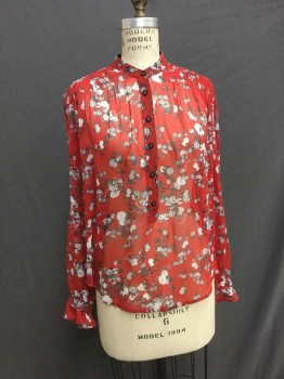 RAG & BONE, Red, Black, Gray, White, Silk, Floral, White & Black Floral Print Chiffon Crepe Long Sleeves, Collar Band, Button Placet. Smocked Yoke Front. Black Covered Buttons