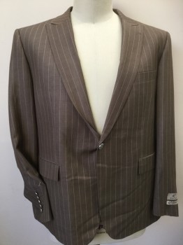 Mens, Suit, Jacket, ROSSI MAN, Lt Brown, Lt Pink, Cream, Wool, Polyester, Stripes - Vertical , Paisley/Swirls, 38, 48R, 31, Heather Light Brown with Light Pink P-stripes, Peaked Lapel, Single Breasted, 1 Button Front, Long Sleeves, 3 Pockets, 2 Split Back Hem, with Matching Plants & Vest
