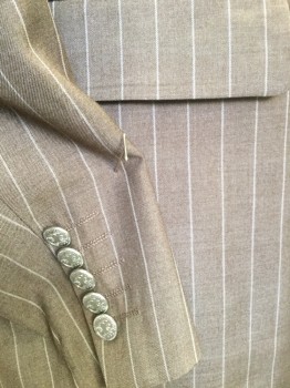 Mens, Suit, Jacket, ROSSI MAN, Lt Brown, Lt Pink, Cream, Wool, Polyester, Stripes - Vertical , Paisley/Swirls, 38, 48R, 31, Heather Light Brown with Light Pink P-stripes, Peaked Lapel, Single Breasted, 1 Button Front, Long Sleeves, 3 Pockets, 2 Split Back Hem, with Matching Plants & Vest