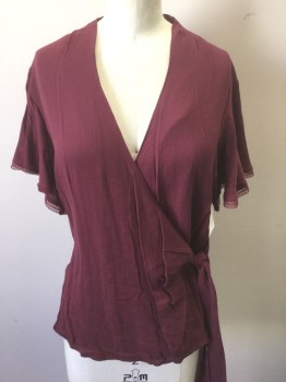 CHELSEA 28, Red Burgundy, Viscose, Solid, Flutter Cap Sleeves, with Burgundy Lace Edging, Wrapped V Neck with Self Wrapped Closure Ties at Waist