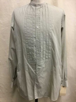Gray, Green, Cotton, Grid , Button Front, Pleated Bib Front, Collar Band, Long Sleeves,