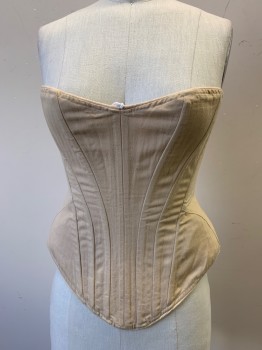 PERIOD COSTUME, Khaki Brown, Taupe, White, Cotton, Solid, Khaki with Taupe Trim, White Lacing, Steel Spiral Bones, Tie Center Front to Tighten Bust, 1905