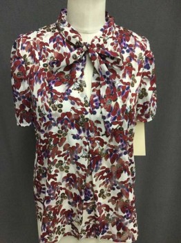 ANN TAYLOR, White, Red Burgundy, Purple, Navy Blue, Orange, Polyester, Floral, Floral Short Sleeve, Pull Over Top, V-neck, Self Tie Neck, See Photo Attached,