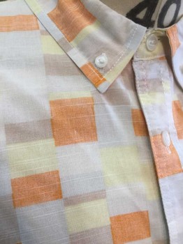 LEVI'S, White, Orange, Beige, Lt Yellow, Cream, Cotton, Geometric, Overlapping Squares Pattern, Short Sleeve Button Front, Collar Attached, Button Down Collar, 1 Pocket