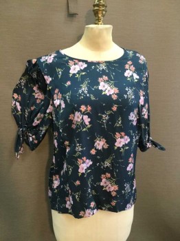 REBECCA TAYLOR, Teal Blue, Lt Pink, Peach Orange, Lt Green, Silk, Viscose, Floral, Jewel Neck, Sleeves Gathered to Armhole, Short Sleeve with Self Tie Detail. Slit Neck Center Back with Single Button Closure.