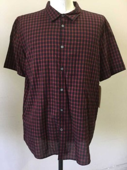 JOHN VARVATOS, Black, Red, Cotton, Plaid-  Windowpane, Black with Red Window Pane, Button Front, Collar Attached, Short Sleeve,